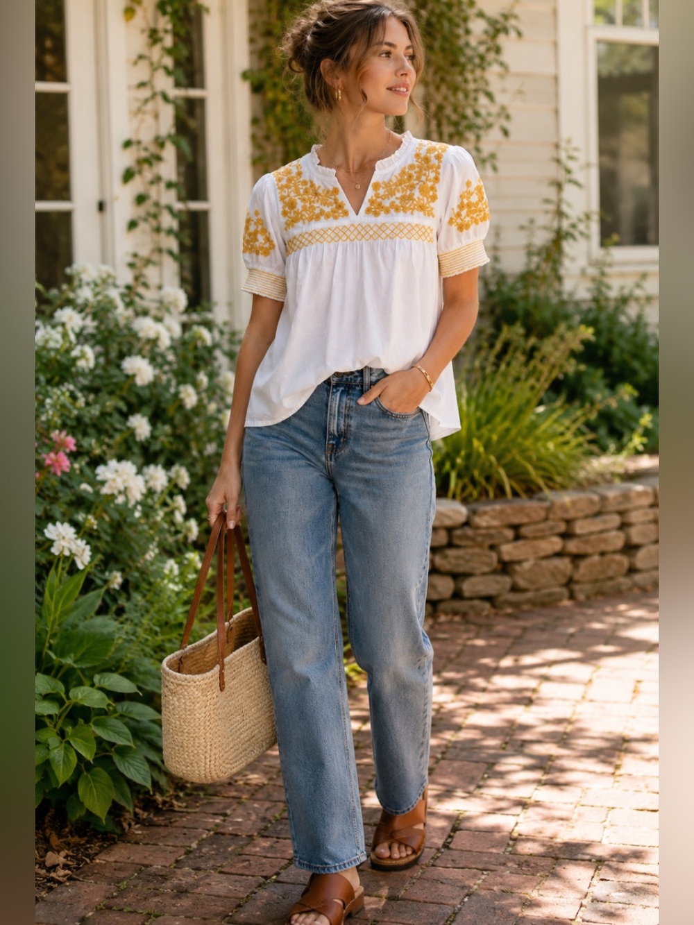 J.Crew Embroidered Cotton Peasant Blouse White Yellow Puff Sleeve XS